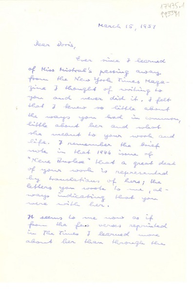 [Carta] 1957 Mar. 15, Columbia, Ohio, [EE.UU.] [a] Dear Doris