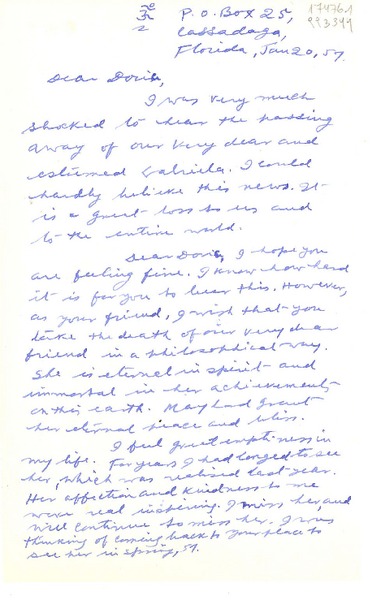 [Carta] 1957 Jan. 20, P. O. Box 25, Cassadaga, Florida, [EE.UU.] [a] Dear Doris