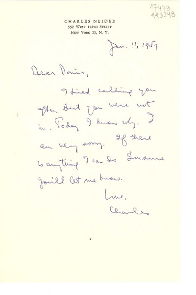 [Carta] 1957 Jan. 11, 552 West 114th Street, New York 25, N. Y., [EE.UU.] [a] Dear Doris