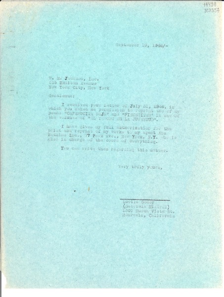[Carta] 1946 Sept. 19, Monrovia, California, [Estados Unidos] [a] W. M. Jackson, Inc., New York City, New York
