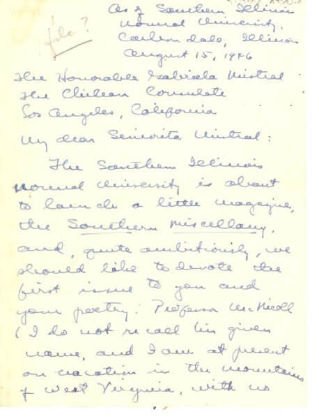 [Carta] 1946 Aug. 15, Carbondale, Illinois, [EE.UU.] [a] The Honorable Gabriela Mistral, The Chilean Consulate, Los Angeles, California, [EE.UU.]