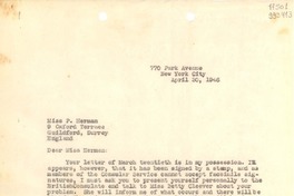 [Carta] 1946 Apr. 30, New York, [Estados Unidos] [a] Miss P. Herman, 9 Oxford Terrace, Guildford, Surrey, England