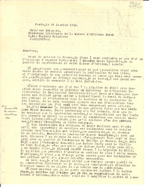 [Carta] 1946 janv. 26, Paris, [France] [a] Monsieur Delamain, Dirécteur littéraire de la Maison d'Editions Stock 6, Rue Casimir Delavigne, Paris (VIème), [France]