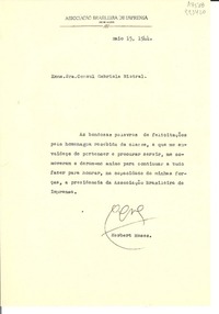 [Carta] 1944 maio 15, Rio de Janeiro, [Brasil] [a la] Exma. Sra. Consul Gabriela Mistral
