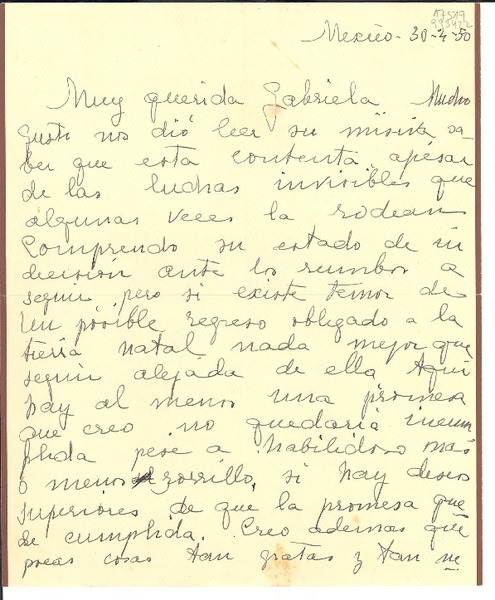 [Carta] 1950 abr. 30, México [a la] Muy querida Gabriela