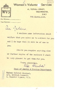 [Carta] 1946 Mar. 8, Westminster, [Inglaterra] [a] Gabriela Mistral, Londres