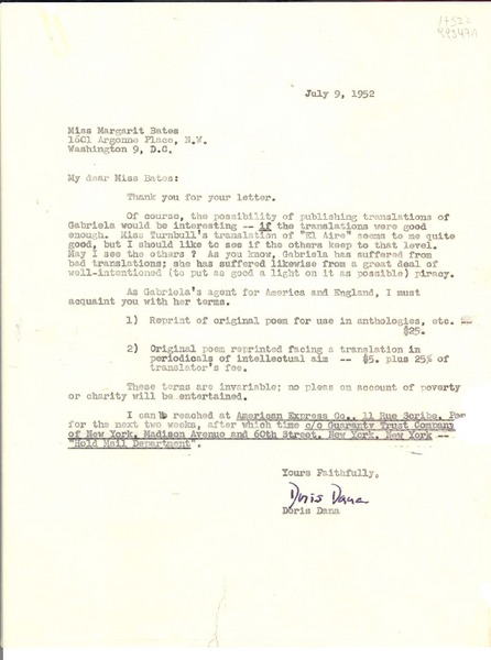 [Carta] 1952 July 9, New York, [EE.UU.] [a] Margarit [i.e. Margaret] Bates, 1601 Argonne Place, N. W., Washington 9, D. C., [EE.UU.]