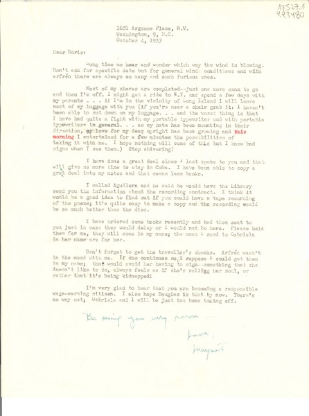 [Carta] 1953 Oct. 4, 1601 Argonne Place, N. W., Washington, 9, D. C., [EE.UU.] [a] Dear Doris