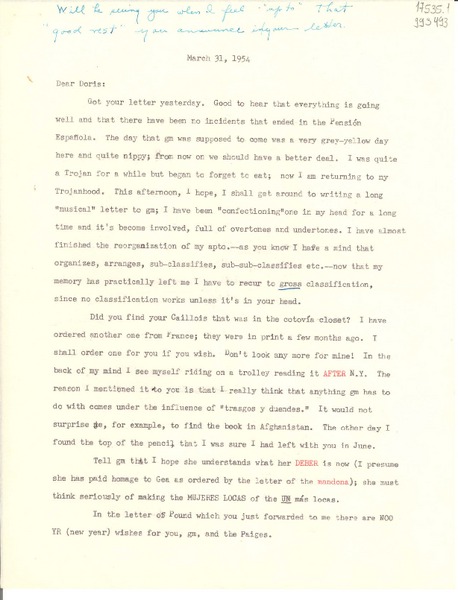 [Carta] 1954 Mar. 31 [a] Doris Dana