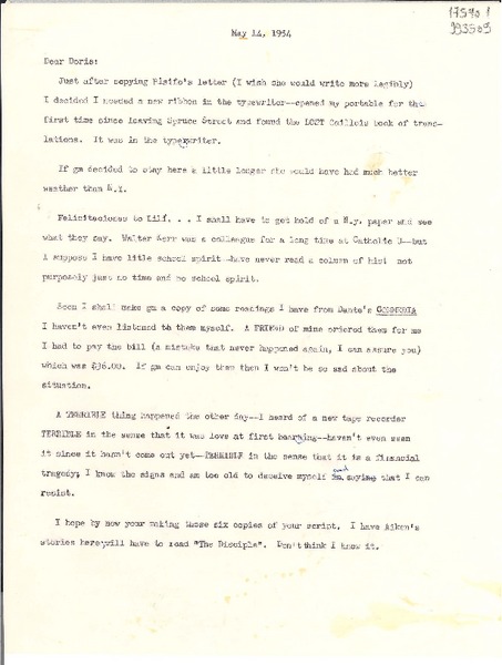 [Carta] 1954 May 14 [a] Doris Dana