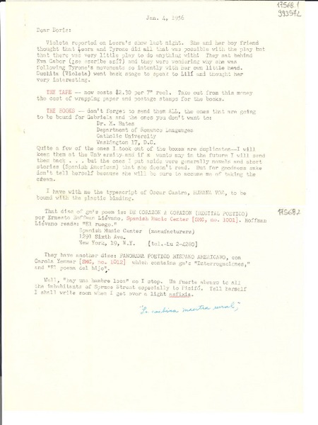 [Carta] 1956 Jan. 4 [a] Doris Dana