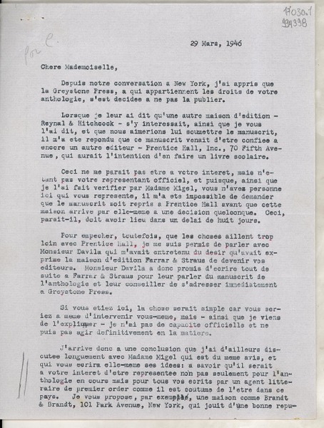 [Carta] 1946 Mar. 29, New York [a] Chere Mademoiselle