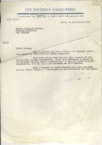 [Carta] 1947 janv. 28, Paris [a] Gabriela Mistral, Chilian Consulate, Los Angeles