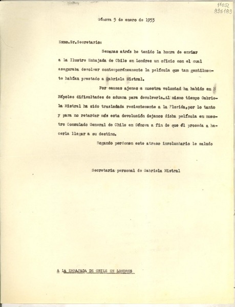 [Carta] 1953 ene. 5, Génova, [Italia] [a] Exmo. Sr. Secretario