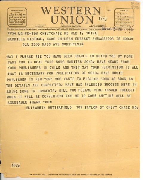 [Telegrama] 1946 Mar. 17, Estados Unidos [a] Gabriela Mistral