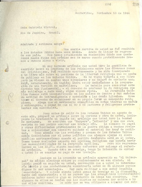 [Carta] 1944 nov. 13, Montevideo [a] Gabriela Mistral, Río de Janeiro, Brasil