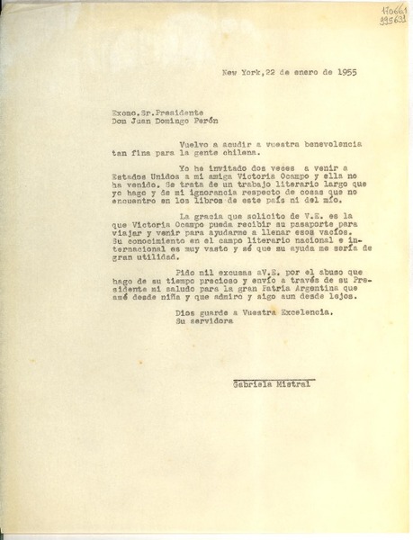 [Carta] 1955 ene. 22, New York [al] Excmo. Sr. Presidente, Don Juan Domingo Perón