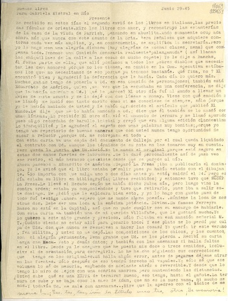 [Carta] 1945 jun. 29, Buenos Aires [a] Gabriela Mistral, Río de Janeiro