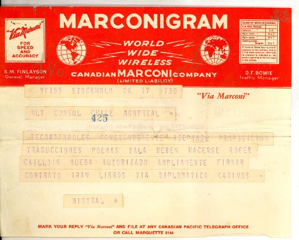 [Telegrama] 1945 dic. 12, Stockholm, [Suecia] [a] Consul de Chile, Montreal