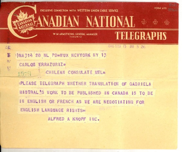 [Telegrama] 1946 Mar. 13, Canadá [a] Carlos Errazuriz, New York