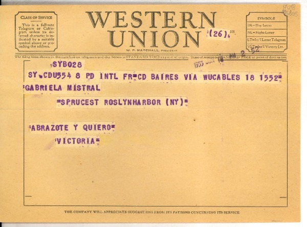 [Telegrama] 1953 jun. 18, Buenos Aires [a] Gabriela Mistral, Roslyn Harbor, NY
