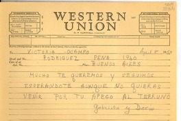 [Telegrama] 1954 abr. 8, Roslyn Harbor, new York [a] Victoria Ocampo, Buenos Aires