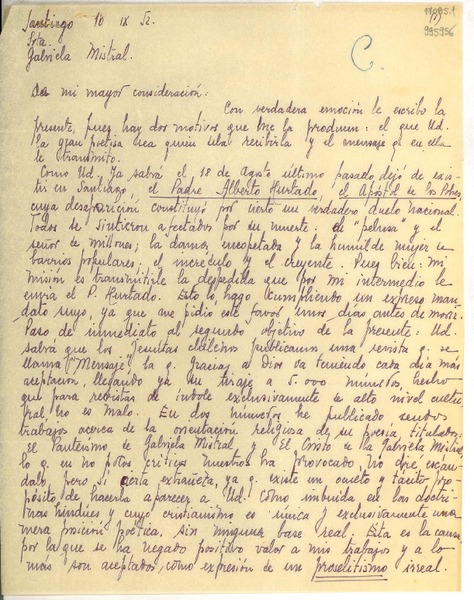 [Carta] 1952 sept. 10, Santiago [a] Gabriela Mistral