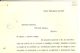 [Carta] 1946 mar. 12, Nueva York [a] Gabriela Mistral