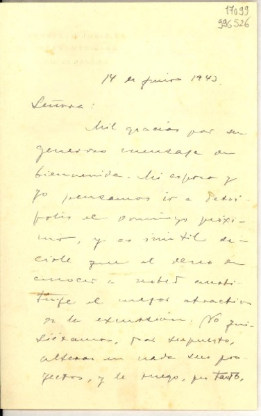 [Carta] 1943 jun. 14, Río de Janeiro [a] Gabriela Mistral