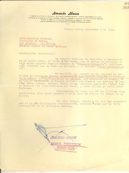 [Carta] 1950 nov. 4, Buenos Aires [a] Srta. Gabriela Mistral, Consulado de Chile, Los Angeles, California , Estados Unidos de Norteamerica