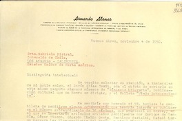 [Carta] 1950 nov. 4, Buenos Aires [a] Srta. Gabriela Mistral, Consulado de Chile, Los Angeles, California , Estados Unidos de Norteamerica