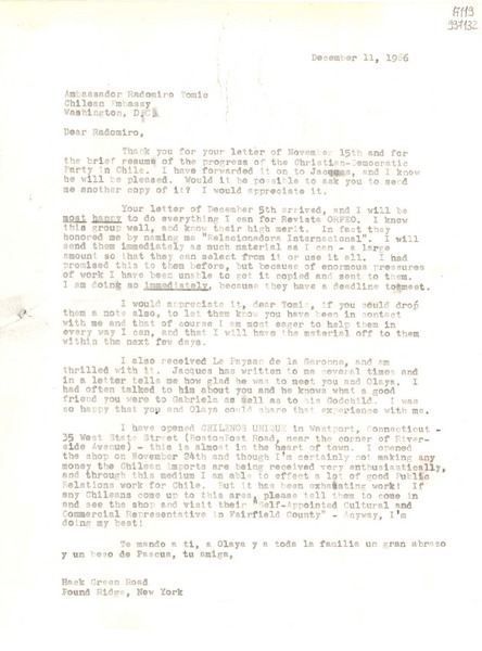 [Carta] 1966 Dec. 11, Hack Green Road, Pound Ridge, New York [a] Ambassador Radomiro Tomic, Chilean Embassy, Washington D. C.