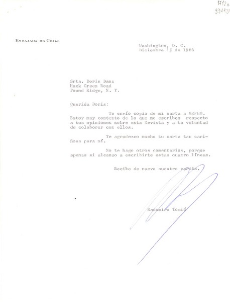 [Carta] 1966 dic. 15, Washington D. C. [a] Miss Doris Dana, Hack Green Road, Pound Ridge, N. Y.