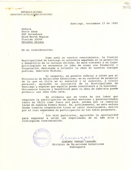 [Carta] 1992 nov. 17, Santiago [a] Señora Doris Dana, North Naples, Florida, Estados Unidos