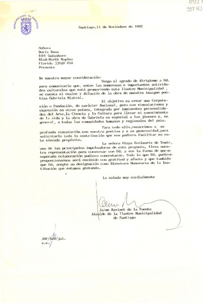 [Carta] 1992 nov. 11, Santiago [a] Señora Doris Dana, North Naples, Florida, Estados Unidos