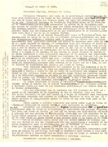[Carta] 1939 jul. 20, Niza, [Francia] [a] Editorial Zig-Zag, Santiago de Chile