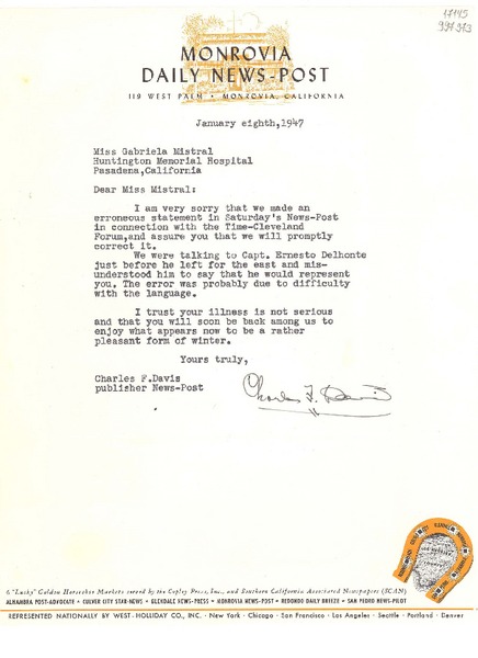 [Carta] 1947 Jan. 8, Monrovia, California [a] Miss Gabriela Mistral, Huntington Memorial Hospital, Pasadena, California