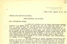 [Carta] 1947 ago. 29, Lima, Perú [a] Señora Doña Gabriela Mistral, Santa Barbara, California