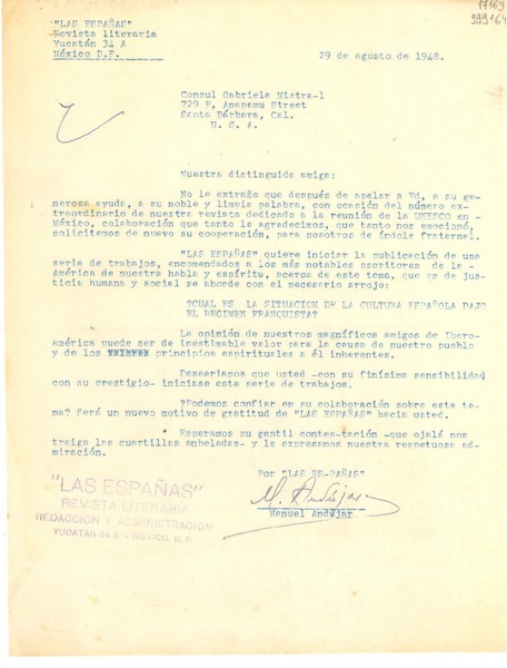 [Carta] 1948 ago. 29, México D. F. [a] Consul Gabriela Mistral, Santa Barbara, California, U.S.A.