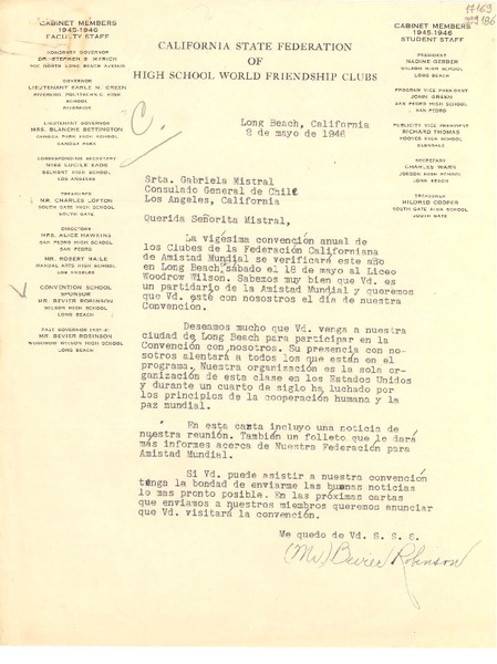 [Carta] 1946 mayo 2, Long Beach, California [a] Srta. Gabriela Mistral, Consulado General de Chile, Los Angeles, California