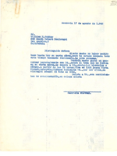 [Carta] 1946 ago. 17, Monrovia, [Estados Unidos] [a] Sr. William H. Tucker, Los Angeles, California