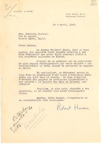 [Carta] 1946 avr. 4, Hollywood, California [a] Gabriela Mistral, Sierra Madre, California