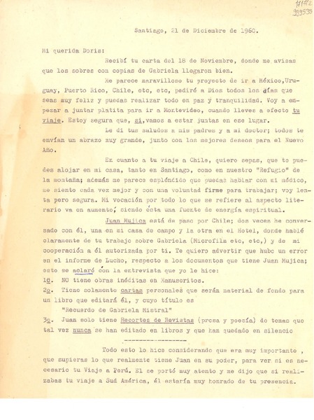 [Carta] 1960 dic. 21, Santiago [a] Mi querida Doris