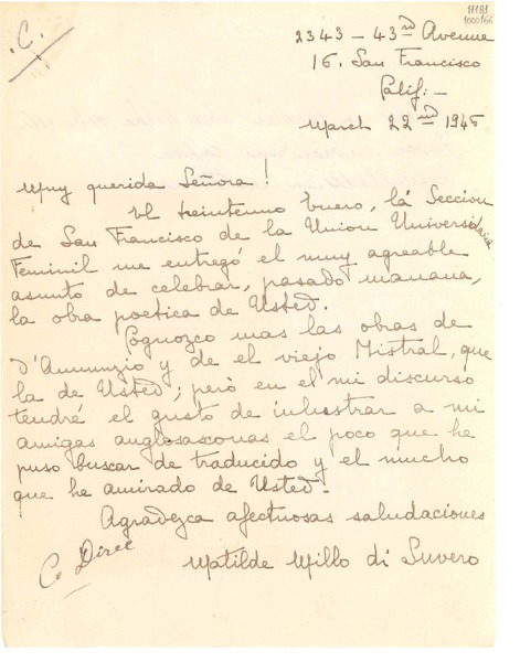 [Carta] 1945 mar. 23, San Francisco, Calif., [Estados Unidos] [a] Gabriela Mistral