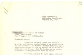 [Carta] 1946 oct. 20, Monrovia, California, [Estados Unidos] [a] Matilde Millo di Suvero, San Francisco, California