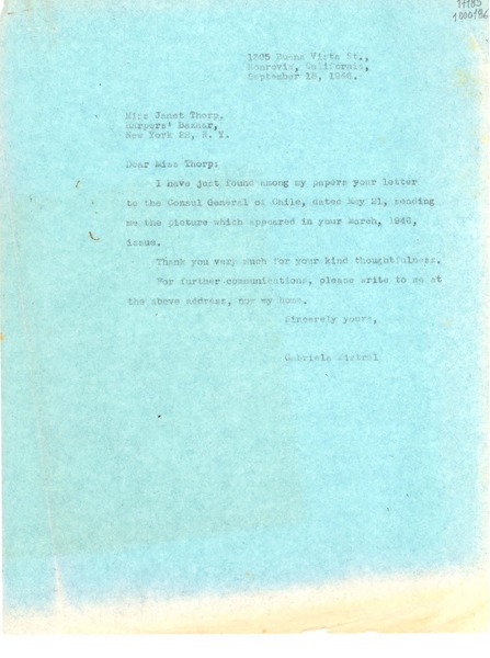 [Carta] 1946 sept. 18, Monrovia, California, [Estados Unidos] [a] Miss Janet Thorp, New York