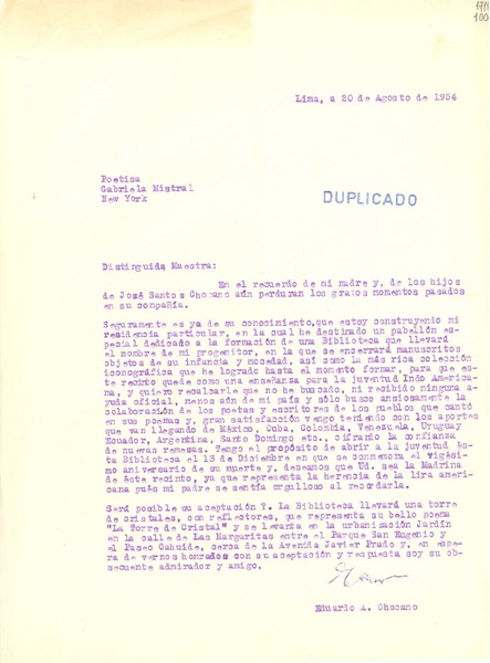 [Carta] 1954 ago. 20, Lima, [Perú] [a] Gabriela Mistral, new York