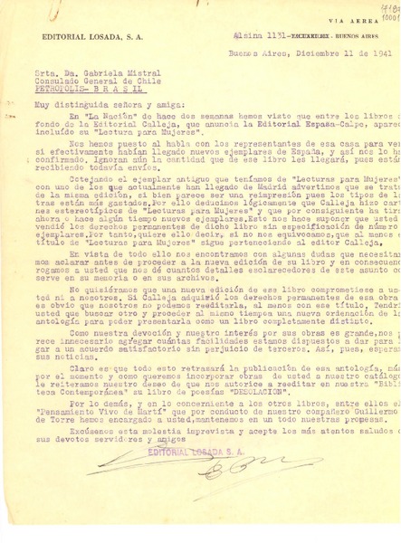 [Carta] 1941 dic. 11, Buenos Aires, [Argentina] [a] Gabriela Mistral, Petrópolis, Brasil