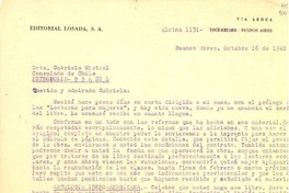 [Carta] 1941 oct. 16, Buenos Aires, [Argentina] [a] Gabriela Mistral, Consulado de Chile, Petrópolis, Brasil