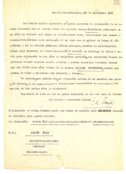 [Carta] 1945 nov. 30, Ostrava, Checoslovaquia [a] Gabriela Mistral